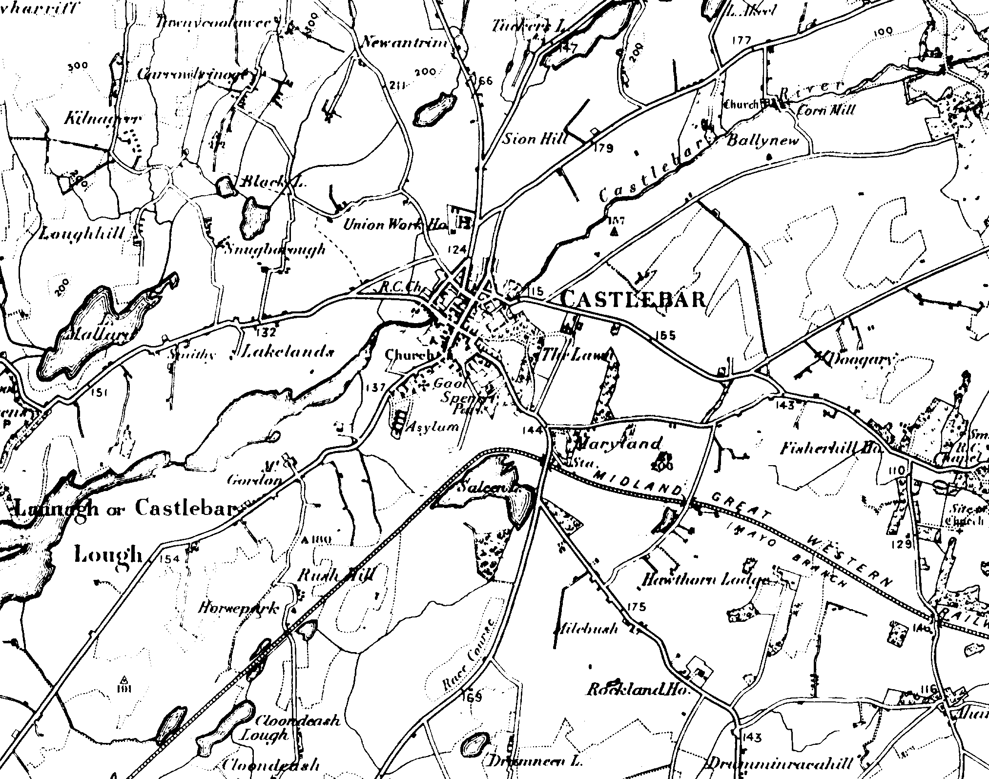 An old map of Castlebar County Mayo Ireland in the early 1900s (125K)