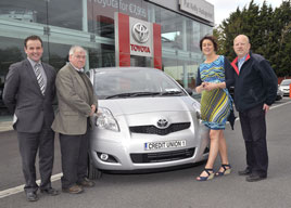 Castlebar Credit Union spring draw car winner Vivienne Molloy receiving the keys of her new Toyota Yaris Sport! Click on photo for details from Ken Wright.