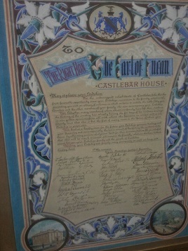 Sean Smyth has a photo of the scroll welcoming Lord Lucan to Castlebar dating from the 1890s. Click above to view.