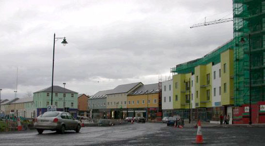 View with Aldi behind taken from the end of the new road that leads down from Mountain View. Argos is tucked in on the right hadn side (yellow building).