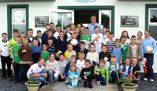 Irish Team captain Steve Staunton, pictured with group of young supporters when he visited  Pat Quigley Park, home of  Ballyheane AFC  last night (8th July 2002). Photo Michael Donnelly -click for original page.