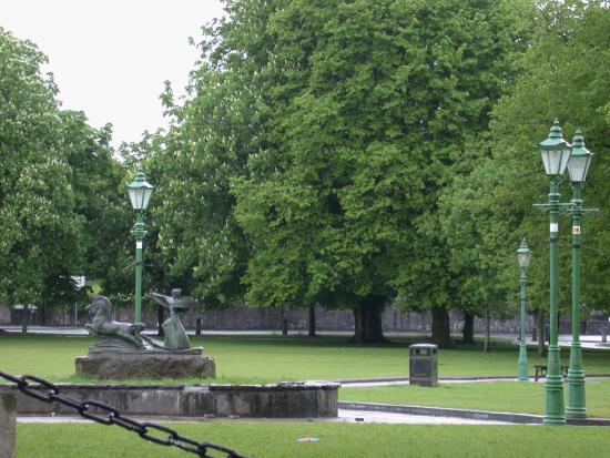Statue, lamps, chain links and litter bins on Castlebar's Mall