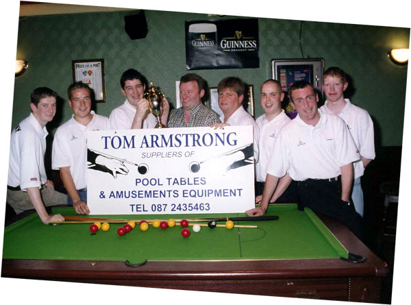 Winners of Castlebar Town & District pool Cup league final are Coynes Bar Castlebar, sponsored by Tom Armstrong Amusements pictured left to right Richie Kenny, Dave Reilly, Michael Golden (Captain), Tom Armstrong Sponsor, John Coyne Proprietor Coynes Bar Ollie Kelly, Hughie McManamon, Padraic Golden, pic Heverin Photography.