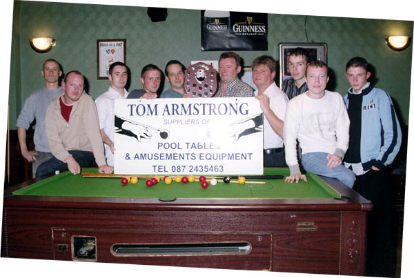 Winners of Castlebar Town & District pool Shield league final are Flynn's Bar Castlebar, sponsored by Tom Armstrong Amusements pictured left to right, Ian Bourke, Gerry Ruane, Fergal Boyle, Michael Deasy, PJ McDonagh (Captain) Tom Armstrong Sponsor, John Coyne Proprietor Coynes Bar, Steven Flynn, Jarlath Kenny, Fintin McKenna pic Heverin Photography