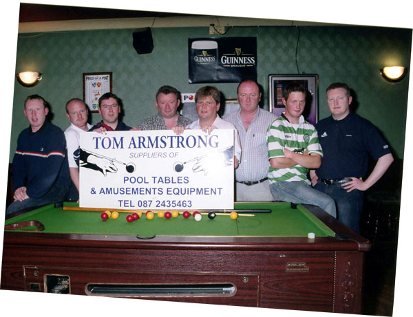 Runners up of Castlebar Town & District pool Shield league final are Punch Bowl Ballyheane, sponsored by Tom Armstrong Amusements pictured left to right, Bob Thomas, Steven Garvey, Trevor Flynn (Captain), Tom Armstrong Sponsor, John Coyne Proprietor Coynes Bar, Dave Joyce, Micheal Madden, Philip Prendergast Proprietor Ray's Bar pic Heverin Photography
