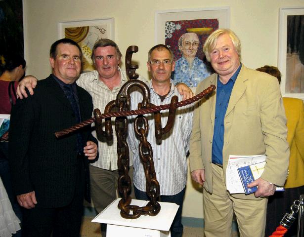GMIT BA Graduates Art & Design 2007  Turas exhibition held in Mayo General Hospital which was opened by John Behan RHA and will runs from  23rd August until the 23rd October. Joe Murray pictured with his sculpture Man of the Sea L-R: Joe Murray, John Walsh ( Mayo General Hospital Arts Group), Denis Farrell (GMIT), John Behan.. Photo  Ken Wright Photography 2007