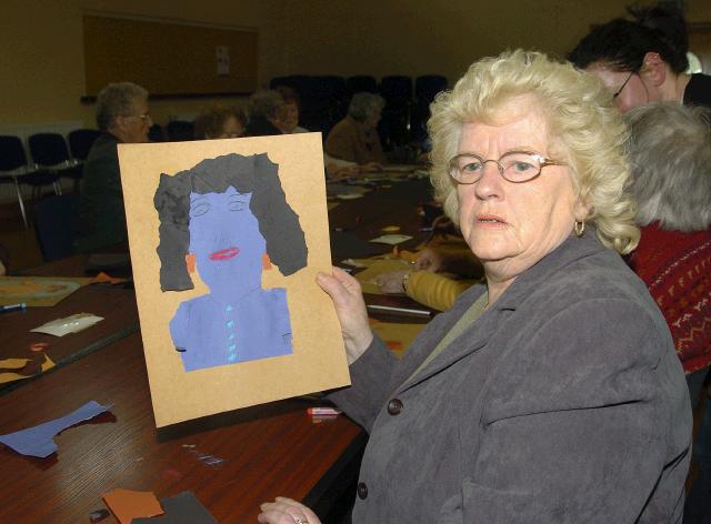 Breda Murphy presenting a visual arts workshop in Balla Community Centre, part of the Arts Office Bealtaine Celebrating Creativity in Older Age. Breda Hughes . Photo  Ken Wright Photography 2007.