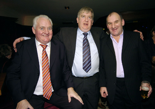 Pictured in the TF Royal Hotel and Theatre on Thursday at the Mike Denver Christmas Party Night. L-R: Mick OMalley, Tony Gaughan and Tommy Goonan. Photo  KWP Studio 094.
