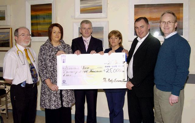 Pictured in Mayo General Hospital at a presentation of a cheque for 25,000 euro for the Paediatric unit by Deidre and Frank Browne parents of Baby Emma (RIP). The money raised is the proceeds from the various fund raising events that took place for The Baby Emma Fund. L-R: Dr. Gay Fox (Consultant Paediatrician), Deidre Browne, Tony Canavan (General Manager Mayo General Hospital), Carmel OMalley (Paediatric Nurse), Frank Browne, Dr. Michael ONeill. Photo  Ken Wright Photography 2007. 