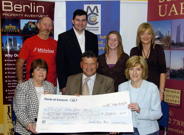 Balla 10k Road Race which was held on 28th July and raised 32,300 Euro which was divided between various charities . Representatives and sponsors of the various charities Front L-R: Betty Dabbagh (West of Ireland Alzheimer Foundation), John OMahoney TD (guest), Geraldine Clare (Chief Executive Aware), Duncan Pratt (MS Mayo), James Kilbane  (guest), Rachel Quinn (Castle Family Resource Centre), Deidre Walsh (Aware).  Photo  Ken Wright Photography 2007. 