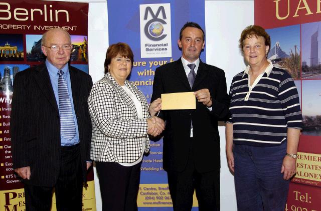 Balla 10k Road Race which was held on 28th July and raised 32,300 Euro which was divided between various charities.  Presentation of a cheque for 3,300 Euro to the West of Ireland Alzheimer Foundation L-R: Pat Heneghan, Betty Dabbagh, Brendan Conwell (Chairman Balla 10k Road Race), Gertie Roache. Photo  Ken Wright Photography 2007. 