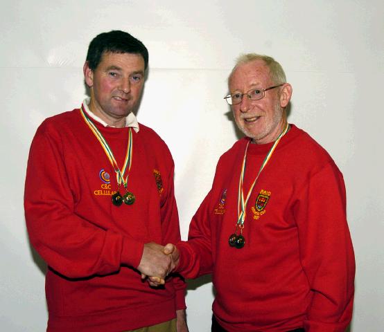 Pictured in Balla Community Centre, Padraig Killina and Tom Hunt from Mayo Athletic Club who won medals in the National Masters Track and Field Championships. Padraig took part in the 400 and 800 metres races and Tom took part in the long jump and high jump competitions. Photo  Ken Wright Photography 2007.