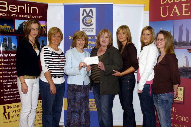 Balla 10k Road Race which was held on 28th July and raised 32,300 Euro which was divided between various charities. Presentation of a cheque from the Bank of Ireland Claremorris  for 5,000 Euro to Aware from the Bank of Ireland.  L-R: Sinead Walsh (Aware), Mary Brett (Bank of Ireland), Geraldine Clare (Aware), Patricia Conwell (Bank of Ireland), Deidre Walsh (Bank of Ireland), Denise McIntyre (Elverys sponsor ), Rachel Quinn (Tacu Family Resource Centre). Photo  Ken Wright Photography 2007. 