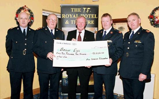 Garda presentation of a cheque to the Bright Eyes Fund for the breast cancer scanner for Mayo General Hospital. L-R: Inspector Tom Fitzmaurice (Swinford), Chief Supt. John Carey
(Castlebar), Denis Gallagher (Chairman Bright Eyes Fund), Asst. Commissioner Dermot Jennings (Galway), Supt. Tony McNamara (Belmullet): 
Photo  Ken Wright Photography 2004. 
