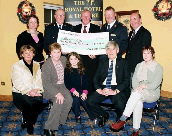 Garda presentation of a cheque to the Bright Eyes Fund for the breast cancer scanner for Mayo General Hospital. Organising Committee Front L-R: Marie Mellett, Nora Devaney,
Nicole, Michael Devaney, Helen Sarsfield, Back L-R: Marianne Jordan Chief Supt. John Carey (Castlebar), Denis Gallagher (Chairman Bright Eyes Fund), Asst. Commissioner Dermot Jennings (Galway), Brendan Coyne:
 Photo  Ken Wright Photography 2004. 
