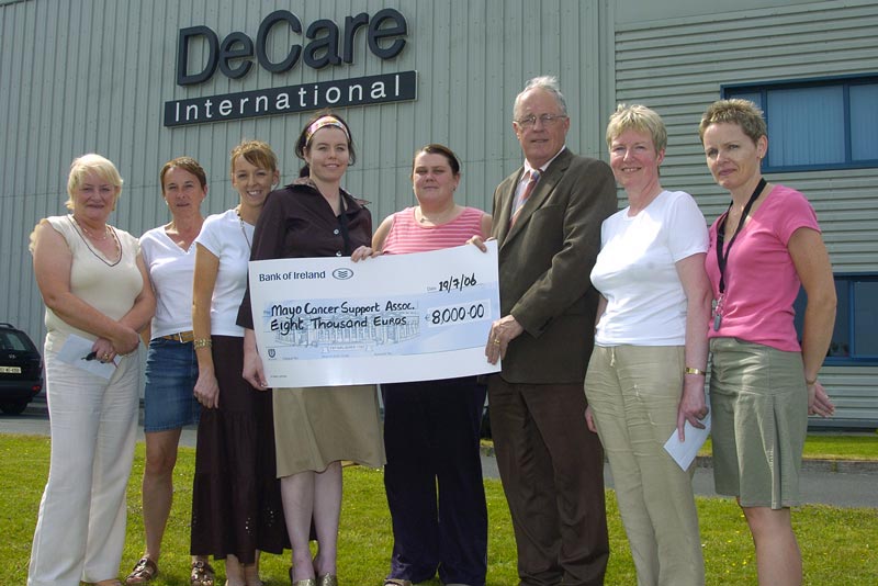 Presentation of a cheque for 8,000 to John Carey Mayo Cancer Support Association Rock Rose House Castlebar from De Care International the proceeds of the De Care Claremorris 10k Road Race, L-R: Angela Kirrane (Manager of Services Mayo Cancer Support Association),  Evelyn OConnor (De Care), Cathy Hughes (De Care), Maureen Walsh (MD De Care), Mairead Coughlan (De Care), John Carey (PRO  Mayo Cancer Support Association), Florence Devane (Mayo Cancer Support Association), Mairead Nestor (De Care) : Photo  KWP Studio 094