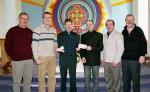 Pictured in Keelogues Church Fr. Peter Waldron (on behalf of Trocaire Asian Appeal) receiving cheques from Joe Barrett (Ballyvary Community Developing Company), and Padraig McDonnell (treasurer Ballyvary Blue Bombers). L-R: Harry Barrett, Noel Burke, Joe Barrett, Fr. Peter  Waldron, Padraig McDonnell, Andy Walsh, Michael Golden. Photo  Ken Wright Photography 2005. 

