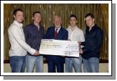 Presentation of a cheque for 76,000.00 Euro from the group of four young men who climbed Kilimanjaro in aid of the Bone Marrow Leukaemia Trust Cancer Research, receiving the cheque was Professor Sean McCann of St. James Hospital in Dublin L-R:  Brendan Coleman, Paul Higgins, Professor Sean McCann, Brian King, Martin Moran. Photo  Studio 094. 