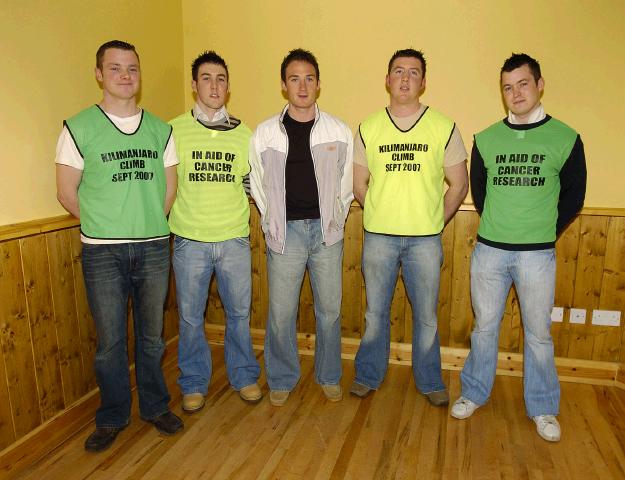 Pictured in An Sportlann Alan Dillon centre (Mayo Team Player) with Brendan Coleman, Brian King, Paul Higgins and Martin Moran who will be climbing Kilimanjaro in September to raise funds for Cancer Research. Photo  Ken Wright Photography 2007.   

