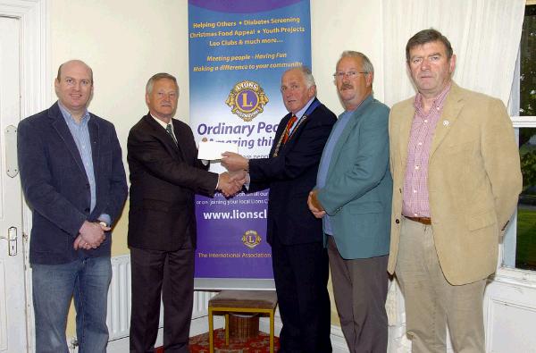 Pictured in the Imperial Hotel at the presentation of a cheque for 1500 Euro from Castlebar Lions Club to committee members of the Mayo Peace Park Garden of Remembrance L-R: Michael Mullahy (Vice President Castlebar Lions Club), Michael Feeney (Chairman Mayo Peace Park Garden of Remembrance), Eamon Horkan (President Castlebar Lions Club), Ernie Sweeney (Joint Treasurer Mayo Peace Park Garden of Remembrance), Tom Rice (Castlebar Lions Club). Photo  Ken Wright Photography 2007. 