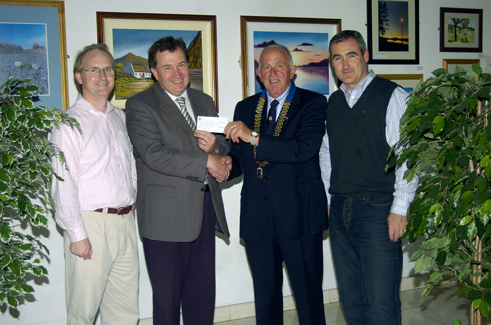 Members of Castlebar Lions Club pictured in Mayo General Hospital at a presentation of a cheque for 12.500 to Dr. Kevin Barry for the MRI Scanner Fund, which were the proceeds from the Opera night which was held in March in the Royal Theatre Castlebar. L-R: Dr. Michael ONeill (Liaison person with MRI Committees), Dr. Kevin Barry, Eamonn Horkan President Lions Club, Gerry Moane: Photo  KWP Studio 094. 