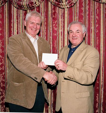 Mayo Athletic Club Presentations held in Breaffy House Hotel & Spa Castlebar
Gay Nevin (representing Breaffy House Hotel & Spa) presenting a cheque for 2,000 to Joe Brett (Fundraising Manager Western Care): Photo  Ken Wright Photography 2004 

