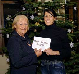 Mary Gleeson presents a cheque to Mayo Cancer Support raised from her Dublin City Marathon run. Click photo for details from Ken Wright.