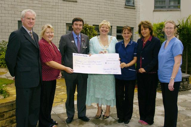 Presentation of a cheque for 15,660.25 Euro  to Patient Care Oncology Ward Mayo General Hospital from Teresa McGuire Cathaoirleach Westport Town Council, which is the proceeds of the Mayors Ball. L-R: Michael O�Brien Assistant General Manager, Madeline Gallagher CNS Oncology,  Dr. Paul Donnellan Consultant Oncologist, Teresa McGuire, May Hannigan CNM Oncology, Bernie Byrne CNS Oncology, Paula Conway Staff Nurse Oncology. Photo � Ken Wright Photography 2007 

