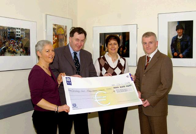 Pictured in Mayo General Hospital at a presentation of a cheque for 12 513.10 to the Oncology Unit in Mayo General Hospital from Margaret McNulty and Ann Shiel who are part of the group of ladies who took part in the Dublin ladies mini marathon and raised 13,513.10. A thousand euro from this amount has already been donated to the Mayo Cancer Support Association at Rock Rose House Castlebar. L-R: Margaret McNulty, Mr. Kevin Barry (Consultant Surgeon M.G.H.), Ann Shiel, Tony Canavan (General Manager M.G.H.). Photo  Ken Wright Photography 2008. 
