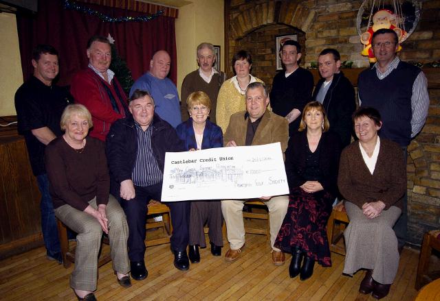 Pictured in Tolsters Bar Castlebar members of Mountdaisy Golf Team who raised 10,000 euros  for Mayo Cancer Support Association Front L-R: Angela Kirrane (Manager of Services MCSA), Tom Cusack, Finola OHealai (Treasurer MCSA), Kevin McGing, Karen McGing, Ann Duffy (MCSA). Back L-R: Kevin Timlin, Tom Cooke, Brendan Timlin, Gerry Tolster, Mary McDonagh (MCSA), Darren Mulligan, Tom Jennings, Joe Staunton (Vice Chairman MCSA). Gerry Tolster would like to thank Coleman Computers who donated a computer at cost price for the auction/race night. Photo  KWP Studio 094