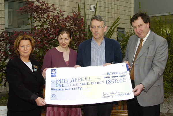 Pictured in Mayo General Hospital at a presentation of a cheque for 1,850 euro to Mary Casey for the MRI Scanner Appeal by Austin Vaughan County Librarian. The money is the proceeds from the Library Table Quiz which was held in the TF Royal Hotel L-R: Marie Mellett (Ward Manager), Dr. Mary Casey Consultant Radiologist Mayo General Hospital), Austin Vaughan, Mr Kevin Barry (Consultant Surgeon Mayo General Hospital). Photo  Ken Wright Photography 2007. 