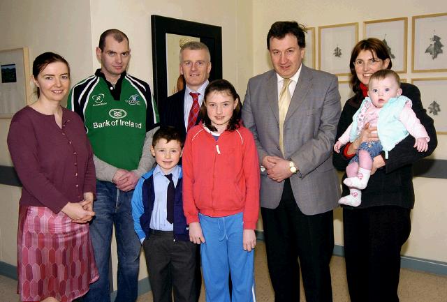 Pictured in Mayo general Hospital at a presentation of a cheque from David Hune who ran the Dublin City Marathon and raised 4,679 euro and 30 cents in aid of the MRI Scanner Appeal. The family would like to thank everyone who contributed so generously. Back L-R: Mary Casey (Consultant Radiologist Mayo General Hospital), David Hune, Tony Canavan (Manager Mayo General Hospital), Mr Kevin Barry (Consultant Surgeon Mayo General Hospital), Lena & Alannah Moran.  Front Dean Moran, Michaela Moran. Photo  Ken Wright Photography 2007 

