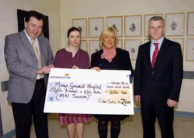 Pictured in Mayo general Hospital at a presentation of a cheque for 850 euro from Anne O’Loughlin Delaney, proprietor of The Zalon, Newline Castlebar the proceeds of coffee and information morning on breast cancer by Assumpta Walsh and Mary Casey in aid of the MRI Scanner Appeal. L-R: Mr Kevin Barry (Consultant Surgeon Mayo General Hospital), Mary Casey (Consultant Radiologist Mayo General Hospital), Anne O’Loughlin Delaney, Tony Canavan (Manager Mayo General Hospital). Photo © Ken Wright Photography 2007