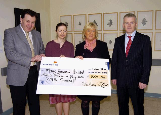 Pictured in Mayo general Hospital at a presentation of a cheque for 850 euro  from Anne OLoughlin Delaney, proprietor of The Zalon, Newline Castlebar the proceeds of coffee and information morning on breast cancer by Assumpta Walsh and Mary Casey in aid of the MRI Scanner Appeal. L-R: Mr Kevin Barry (Consultant Surgeon Mayo General Hospital), Mary Casey (Consultant Radiologist Mayo General Hospital), Anne OLoughlin Delaney, Tony Canavan (Manager Mayo General Hospital). Photo  Ken Wright Photography 2007 