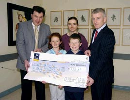 Pictured in Mayo general Hospital at a presentation of a cheque for €738.85 from Katie, Cian and the Tighe Family Gallows Hill Castlebar the proceeds of their Christmas Lights Appeal in aid of the MRI Scanner. Click for more MRI Appeal Funds from Ken Wright.