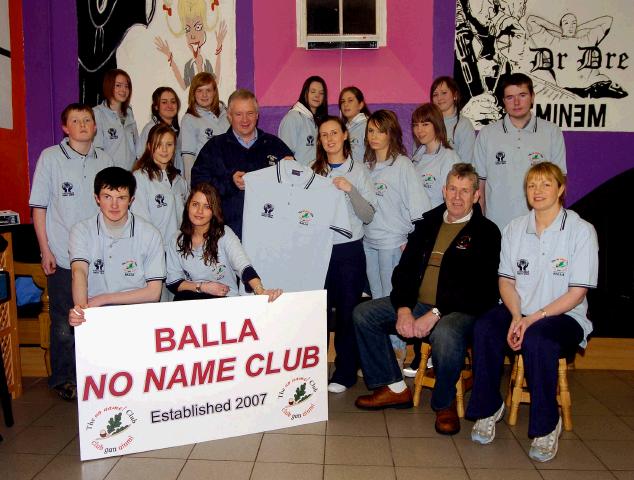 Pictured at the newly formed Balla No Name Club at a presentation of sweat shirts sponsored by Castlebar Credit Union, James McLoughlin presenting a sweat shirt  to Fiona Gallagher Secretary Balla No Name Club , also in the picture are some of the club members. Front L-R; Jamie Gleeson, Mary Louise Brennan, Con Nolan (Development Officer No Name Club), Helen Gleeson (Supervisor). Middle Row L-R: Aiden Gleeson, Katie McLoughlin, James McLoughlin  representing Castlebar Credit Union, Fiona Gallagher, Eileen Gleeson, Laura Allgood, Sean Galligan, Back L-R: Olivia Murphy, Catriona OMahony, Amy Costello, Aoife Kilgallon ,Sean Jennings, Aibhle Murphy. Photo  Ken Wright Photography 2008