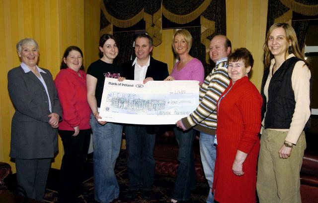 Pictured in the TF Royal Hotel & Theatre members of the Castlebar Pantomime Committee presenting a cheque to Walter Donoghue and Mary McKeon of the Irish Childrens Pilgrimage Trust, for 1.000 euro which was part of the proceeds from the 2007 Castlebar Pantomime production. The Trust will be bringing nine special needs children from Mayo to Lourdes this Easter. L-R: Nan Monaghan, Sinead Finnegan, Paula Murphy (Treasurer), Walter Donoghue, Mary McKeon, Jason Guthrie Chairperson), Noleen Groarke, Karen Conway (PRO). Photo  Ken Wright Photography 2007.