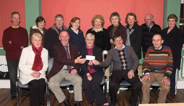 Members of the Turlough Community 25 Card Drive Committee presenting a cheque from their annual card game for 1,200 to Regina Mulrooney Chairperson and other members of the Friends of the Sacred Heart Committee. Front L-R: Teresa OHare, Jim Docherty (Turlough 25 Drive Committee), Regina Mulrooney, Martin McDonnell (Turlough 25 Drive Committee), Alo Filan (Turlough 25 Drive Committee). Back L-R: Michael Joyce, Maire Cotter, Pat Armstrong, Ann OHara, Maureen Tobin, Pauline Jordan, Kathleen Courell (PRO), Pat McGinty, Catherine Ruane (Treasurer). Photo  Ken Wright Photography 2008.  