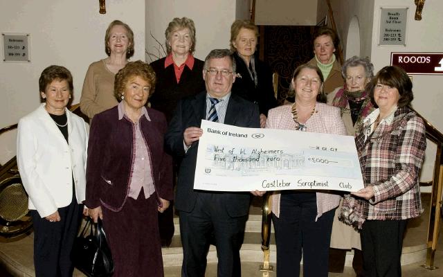 Pictured in Breaffy House Hotel  are members of the Castlebar Soroptimists Club presenting a cheque for 5000 euro to the West of Ireland Alzheimer Foundation. Front L - R: Angela Colgan, Maureen Tobin, John Grant (C.E.O., West of Ireland Alzheimer Foundation), Maura McGuinness (President, Castlebar Soroptimists Club), Betty Dabbagh (Fundraiser, West of Ireland Alzheimer Foundation). Back L - R: Phil Armstrong (secretary), Theresa Waldron (treasurer), Niamh O'Keefe (President-elect), Mary Walsh, Maura Gilmartin. Photo: Ken Wright Photography