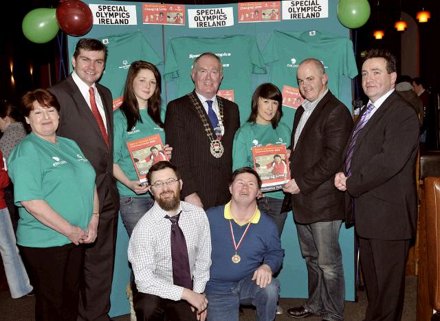 Pictured at the Launch of the Special Olympics 2009 in the Welcome Inn, Joe Mellett, Cathaoirleach who officially launched the start of the fundraising front l-r; Martin McLoughlin and Willie Nolan, previous gold medallists.  Back l-r; Liz McHale, James Kilbane, Laura Dillon, Joe Mellett, Claire Lawlor, Blackie Gavin, Deputy Mayor, John OShaughnessy, Chairman Mayo Special Olympics . Photo  studio 094. 