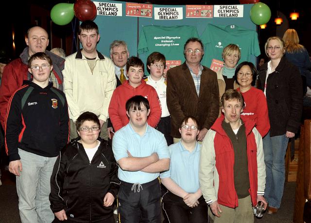 Pictured at the Launch of the Special Olympics 2009 in the Welcome Inn, a group of volunteers and Special Olympic participants front l-r; Sean Sammon, James OSullivan, Kevin McEllin, Paul McEllin, Conor McGee. Back row l-r; Martin Sammon, Martin McGreal, Henry McGlade MC, Aoife Keane, Bridget Walsh, Michael Larkin, Teresa Warde, Western Care Association, Linda Heraty, Majella Loftus, Western People.  Photo  studio 094. 

