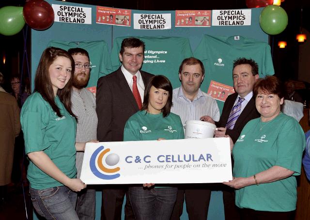 Pictured at the Launch of the Special Olympics 2009 in the Welcome Inn, Brendan Chambers, representing C & C Cellular launching their fundraising Recycle your Mobile Phone l-r; Laura Dillon, Mark Earley, James Kilbane, Claire Lawlor, Brendan Chambers, John OShaughnessy, Chairman Mayo Special Olympics, Liz McHale. Photo  studio 094. 