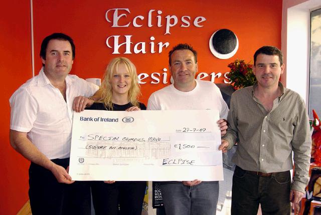 Presentation of a cheque for 1,500 euro from Eclipse Hair Designers Linenhall St Castlebar to John OShaughnessy Special Olympics Mayo Coordinator. L-R: Mick Monaghan, Marie Murray, John OShaughnessy, Pat Monaghan. The money was raised by Pat & Mick Monaghan proprietors of Eclipse who donated one days takings and also contributions from the public to the Special Olympics . They would like to thank Linda & Dick Heraty for their support also Mid West Radio for their contribution and to wish Deidre Garvin who will be representing Ireland in the Special Olympics Ten Pin Bowling which will take place in Japan .Photo  Ken Wright Photography 2007.  

