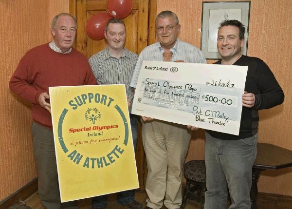 Organizers of the Balla Inter-pub Quiz, held in aid of Special Olympics Mayo, pictured in "The Olde Woods" pub. L - R: Brian Stewart (organizer), John Dempsey (The Olde Woods), John Shaughnessy (county co-ordinator), Pat O'Malley (sponsor - Blue Thunder). Photo: Studio 094