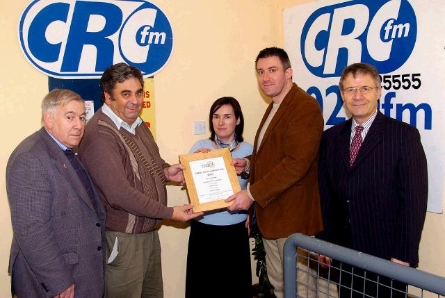 Pictured in the Castlebar Community Radio studio at a presentation of an Craol National Achievements Award 2007 Presented by Diarmuid McIntyre (Craol Development Advisor),  for the Survival English Programme. L-R: Jackie Loftus (board Member), Martin Waters (Chairman CRC), Fiona Quinn Bailey ((Writer and Presenter of Survival English Programme), Diarmuid McIntyre, Pat Stanton (Secretary CRC FM). Photo  Ken Wright Photography 2008