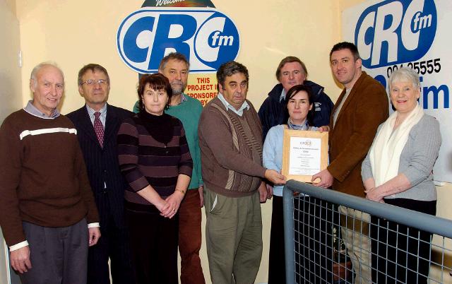 Pictured in the Castlebar Community Radio studio at a presentation of an Craol National Achievements Award 2007 Presented by Diarmuid McIntyre (Craol Development Advisor), for the Survival English Programme. L-R: Paddy Hummus (Accounts Administrator), Pat Stanton (Secretary CRC FM), Mary OReilly (Board Member), Bernard Bolan (Presenter),  Martin Waters (Chairman CRC), Fiona Quinn Bailey ((Writer and Presenter of Survival English Programme), John Walsh (Board Member), Diarmuid McIntyre, Nan Monaghan (Presenter and Board Member). Photo  Ken Wright Photography 2008