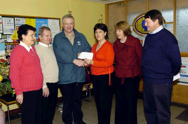 Pictured in the Credit Union offices in Balla at the presentation of a cheque by James McLoughlin (Credit Union),  to the Mayo Abbey Annual Development Draw 
L-R: Nancy Fitzgerald, Paddy Gibbons, James McLoughlin (Credit Union), Mary Jo Barrett, Martina McGing, Richard Murphy (Credit Union). Photo  Ken Wright Photography 2007.  
