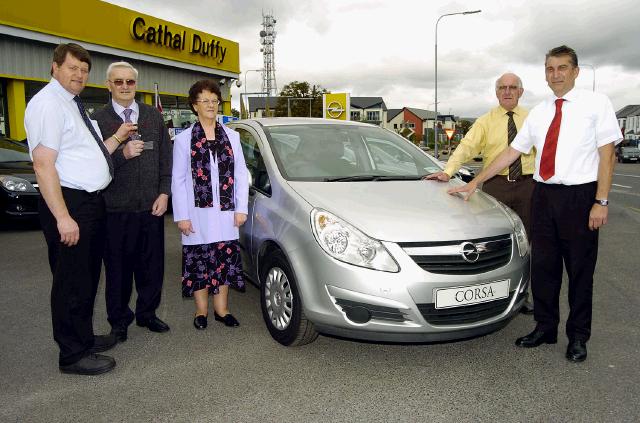 Castlebar Credit Union Summer Members Draw Car Winner. Richard Murphy from castlebar Credit Union presenting the keys to the winners of an Opel Corsa to  PJ and Marie McCormack from Clogher Claremorris. Also in the picture: Alf Maloney and John Bradley from Cathal Duffy's Opel Dealer Castlebar. Photo  Ken Wright Photography 2007. 