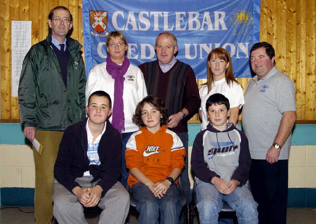 Castlebar Credit Union Table Quiz held in Davitt College Junior Section Joint winning First Year team from St. Geralds College Castlebar Front L-R: Brian Coleman, Paul Sammon, Diarmuid Finan. Back L-R: Jim McHugh (Credit Union), Bridie Clarke (Credit Union), Jimmy Murphy (Credit Union), Denise Kinsella (Credit Union), Michael Murray (Credit Union), Photo  Ken Wright Photography 2007

