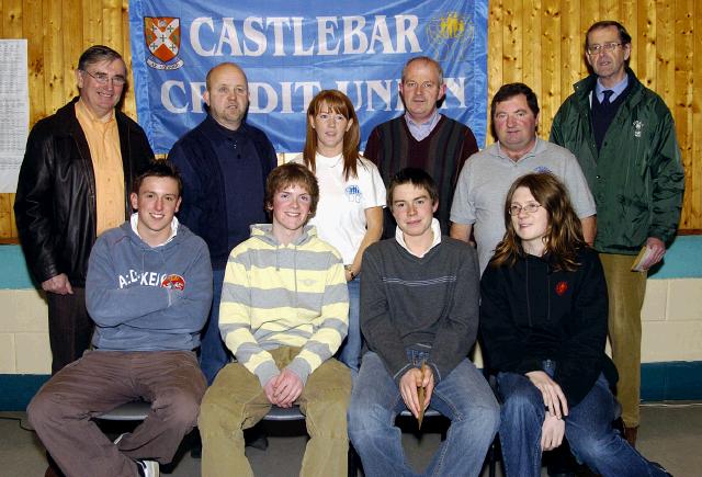 Castlebar Credit Union Table Quiz held in Davitt College St. Geralds College  Castlebar in 3rd place Front L-R: Patrick Wiseman, Rian Derrig, Alan Garry, Aiden Rowe.  Back L-R: Stephen Burns (Quizmaster), John OBrien (Credit Union),      Denise Kinsella (Credit Union), Jimmy Murphy (Credit Union), Michael Murray (Credit Union), Jim McHugh (Credit Union). Photo  Ken Wright Photography 2007. 

